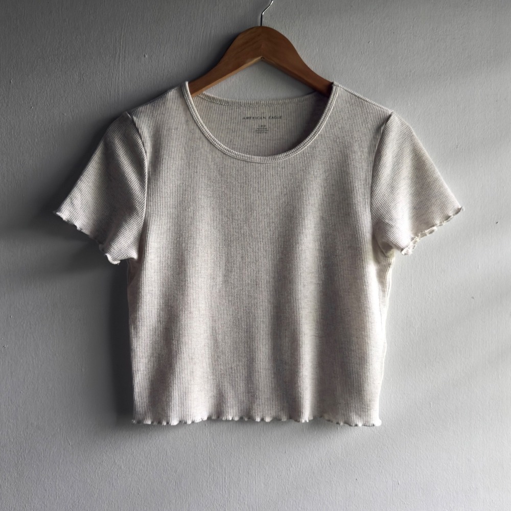 American Eagle Lettuce Edge Waffle Knit Baby Tee Women Large Cream Minimalist